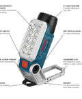 12V Max LED Work Light Bare Tool FL12 with 10 bright LEDs, 200 degree articulation, dual magnets, carabiner clip, and tripod mount