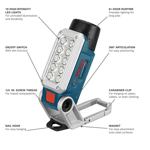 12V Max LED Work Light Bare Tool FL12 with 10 bright LEDs, 200 degree articulation, dual magnets, carabiner clip, and tripod mount