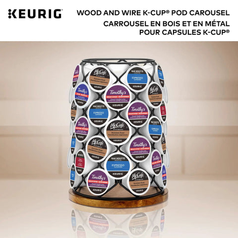 K Cup Carousel Coffee Pod Holder With 360 Degree Rotation Acacia Wood Base And Matte Black Metal Finish Holds 49 K Cup Pods
