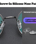No Sweat Silicone Eyeglasses Nose Pads With Twenty Anti Slip Replacement Pairs Plus A Compact Screwdriver And Backup Screws For A Rock Solid Glasses Repair Kit Giving You Reliable Daily Comfort, featuring close-up view of clear silicone nose pads on glasses.