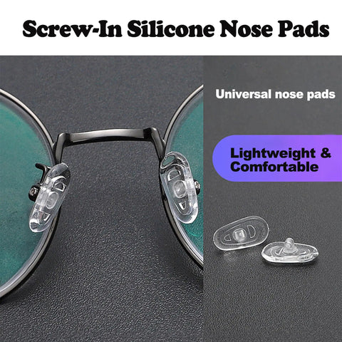 No Sweat Silicone Eyeglasses Nose Pads With Twenty Anti Slip Replacement Pairs Plus A Compact Screwdriver And Backup Screws For A Rock Solid Glasses Repair Kit Giving You Reliable Daily Comfort, featuring close-up view of clear silicone nose pads on glasses.