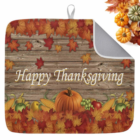 Thanksgiving Dish Drying Mat With Pumpkin Harvest Design For Kitchen Counter, Absorbent Microfiber Top Layer With Cushioned Core, 16 By 18 Inches