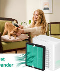 Woman grooming cat near purifier with 4 Pack Replacement Filter Set For YIOU Purifier R1 P1802 And Elechomes P1801, deep green filter visible.