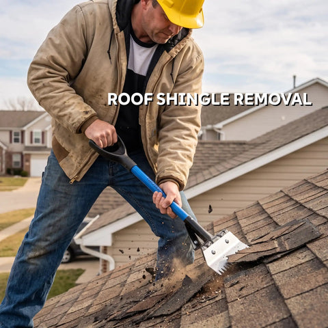 Legit Heavy Duty Two In One Roof Shingle Removal Shovel With Built In Nail Puller Comb And Short D Handle Made From Tough Carbon Steel To Make Your Reroofing Jobs Hella Easier used for removing shingles from a roof.