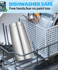 Top Shelf 20 Oz Stainless Steel Tumbler Bulk 12 Pack in a dishwasher, showcasing its dishwasher safe design.