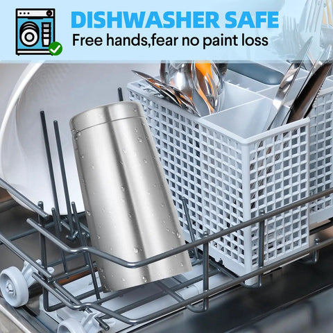 Top Shelf 20 Oz Stainless Steel Tumbler Bulk 12 Pack in a dishwasher, showcasing its dishwasher safe design.