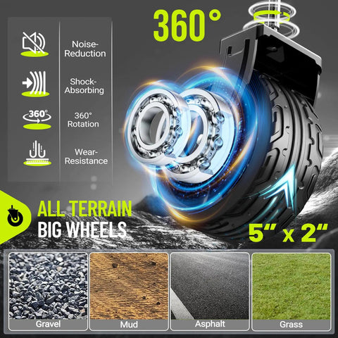 Close-up of all terrain wheels for 34 Inch Extra Long Collapsible Wagon With All Terrain Wheels 360 Lb Heavy Duty Cart