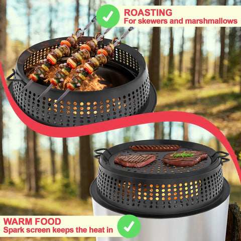 Beefy Spark Shield Fire Pit Screen 19.5 Inch on bonfire roasting skewers and grilling over black steel construction