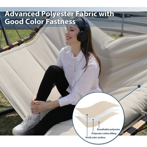 12Ft Two Person Hammock With V Shaped Hardwood Spreader Bar And Nylon Rope For Outdoor Chill On Patio Garden Backyard Beach Poolside 450Lb Capacity 55In By 79In Beige featuring a woman sitting.