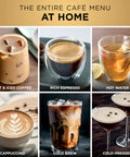 Top Shelf All In One Espresso Machine Featuring Built In Grinder And Hands Free Frother For Crisp Cold Brew And Fresh Drip Coffee Big Time Black Gold Edition coffee drinks including iced coffee, espresso, cappuccino, and cold brew.