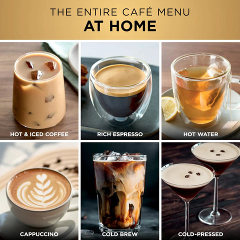 Top Shelf All In One Espresso Machine Featuring Built In Grinder And Hands Free Frother For Crisp Cold Brew And Fresh Drip Coffee Big Time Black Gold Edition coffee drinks including iced coffee, espresso, cappuccino, and cold brew.