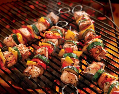 10-inch stainless steel square barbecue skewers on grill with beef chunks and bell peppers; 12-pack