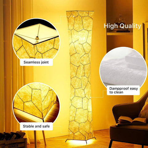 52 Inch Dimmable Floor Lamp With Twin 12W LED Bulbs Delivering 2400 Lumens, marble fabric shade glowing warm in cozy room.