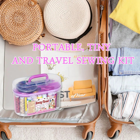 Purple 40 Spools Sewing Thread Gift Box Kit For Portable Basic Repairs Handy Hand Sewing Set in a packed suitcase