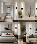 ARCWEISSO Black Battery Operated Wall Sconce with Remote Control 10000mAh displayed in a stylish corridor, bathroom, bedroom, and living room.