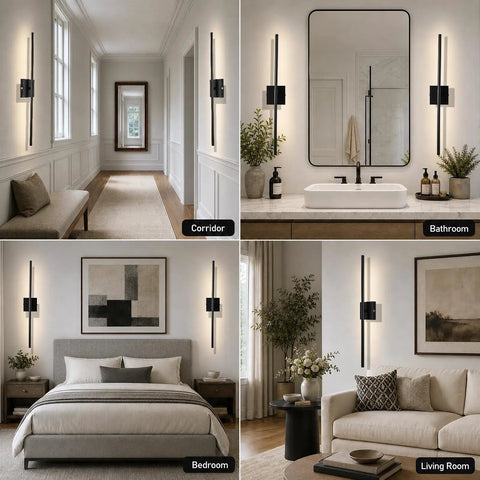 ARCWEISSO Black Battery Operated Wall Sconce with Remote Control 10000mAh displayed in a stylish corridor, bathroom, bedroom, and living room.