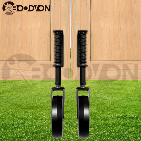 5 Inch Heavy Duty Gate Caster Wheel Set With Spring Loaded Shock Absorption And 360 Degree Rotation installed on wooden gate