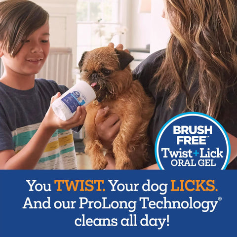 Dog using Twist + Lick peanut butter dental gel for at-home care, image of Dog Dental Gel That Cleans Teeth And Freshens Breath All Day For Your Pup With Peanut Butter Flavor 2 Oz 30 Day Supply Easy To Use Gel That Adheres To Gums For Quick At Home Dental Care.