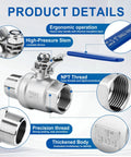 Two Pack Half Inch Full Port Ball Valve With NPT Male Female Threads Forged From Tough 304 Stainless Steel, high-pressure stem visible.