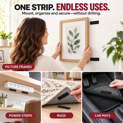 Woman using Heavy Duty Hook And Loop Fasteners Double Sided Adhesive Tape Peel And Stick Wall Storage No Drill Needed to hang a picture frame.