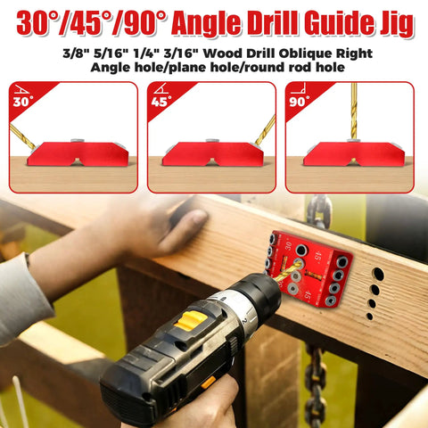Heavy Duty Angle Drill Guide Jig With Integrated Bubble Level And Four Titanium Bits For Dead Accurate 30 45 And 90 Degree Precision on wood