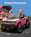 Child riding a pink Licensed 24V Kids Ride On Truck Two Seater With Parent Remote Control Three Speed Modes Bluetooth Music LED Headlights Realistic Electric Truck For Ages 3 To 8 Kid Approved dimensions