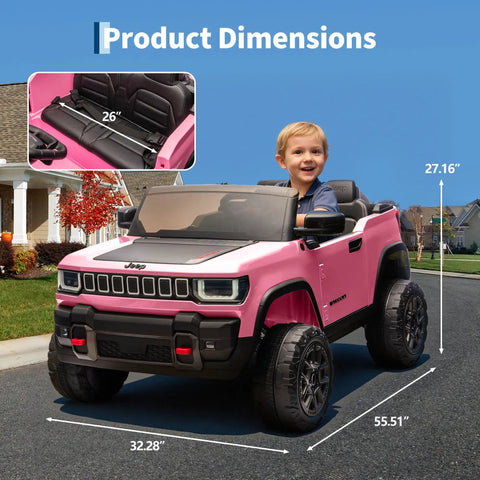 Child riding a pink Licensed 24V Kids Ride On Truck Two Seater With Parent Remote Control Three Speed Modes Bluetooth Music LED Headlights Realistic Electric Truck For Ages 3 To 8 Kid Approved dimensions