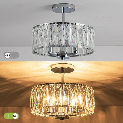 Crystal Drum Ceiling Light Fixture 13 Inch Flush Mount Chandelier With Chrome Finish Glam Crystal Beaded Ceiling Lamp
