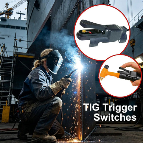 Welder using TIG Welding Torch Trigger Switch With Quick Release Clip, anti-slip fingertip control showcased in inset.