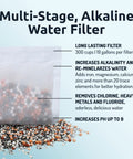 Grab-And-Go Portable Alkaline Water Filter Pouch, showing multi-stage filtration with alkaline beads, text on benefits and capacity