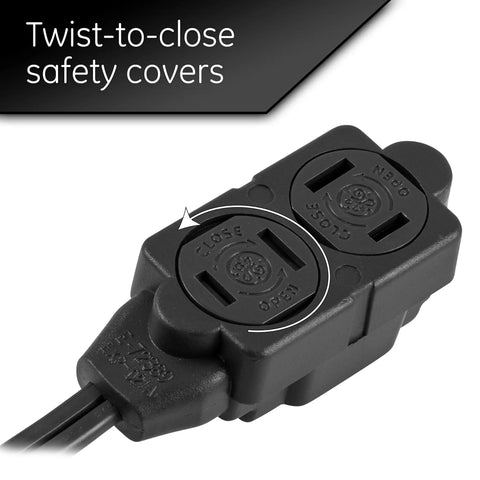 6 Foot Indoor Extension Cord With 3 Outlets, 16 Gauge Power Strip, 2 Prong Plugs, Twist To Close Safety Outlet Covers, Black