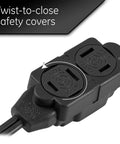 12 Foot Indoor Extension Cord With 3 Outlets 16 Gauge Power Strip Twist To Close Safety Covers UL Listed Black close-up of safety covers