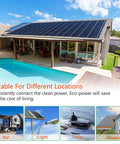 House with solar panels on roof, poolside seating, clear sky; suitable for RV, light, ferry, house installations.