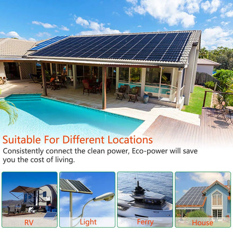House with solar panels on roof, poolside seating, clear sky; suitable for RV, light, ferry, house installations.