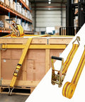 Tough As Nails Heavy Duty Ratchet Straps 2 Pack 2 Inch By 20 Feet Tie Down Gear with hooks securing a wooden crate in a warehouse.