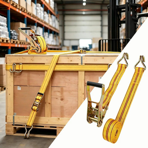 Tough As Nails Heavy Duty Ratchet Straps 2 Pack 2 Inch By 20 Feet Tie Down Gear with hooks securing a wooden crate in a warehouse.