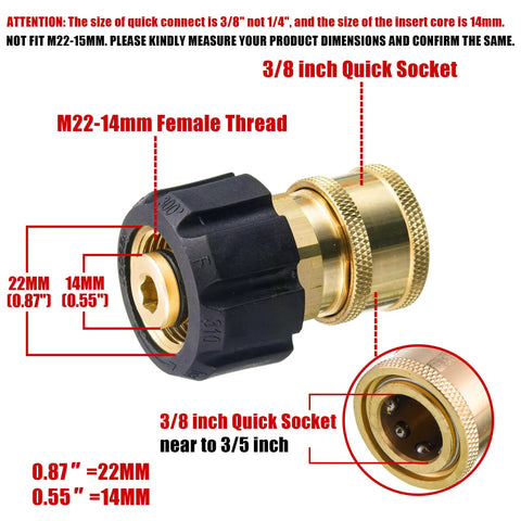 Pressure Washer Quick Connect Adapter Three Eighths Inch Socket To M22 14mm Fitting For Gun And Hose Up To 5000 PSI Durable Brass Construction Easy Install Leak Free Seal Ideal Replacement, close-up view