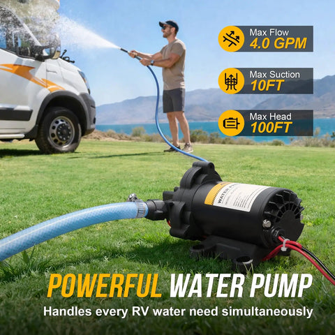 12V RV Water Pump Diaphragm 4 GPM At 45 PSI Quiet Fresh Water Pump With Pressure Switch Self Priming For RV in use with hose