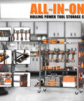 Rolling Power Tool Storage Cart With Four-Tier Drill Organizer that fits up to 12 drills, tool boxes, hand tools, and accessories.