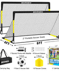 Two Pack Easy Fold Portable Pop Up Soccer Goals 6x4 And 7x5 Ft Backyard Training Set with ball, pump, cones, bag displayed.