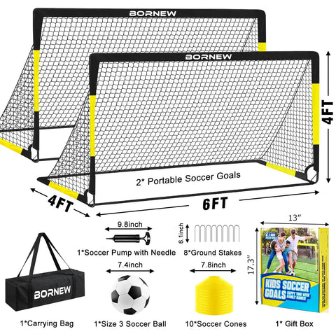 Two Pack Easy Fold Portable Pop Up Soccer Goals 6x4 And 7x5 Ft Backyard Training Set with ball, pump, cones, bag displayed.