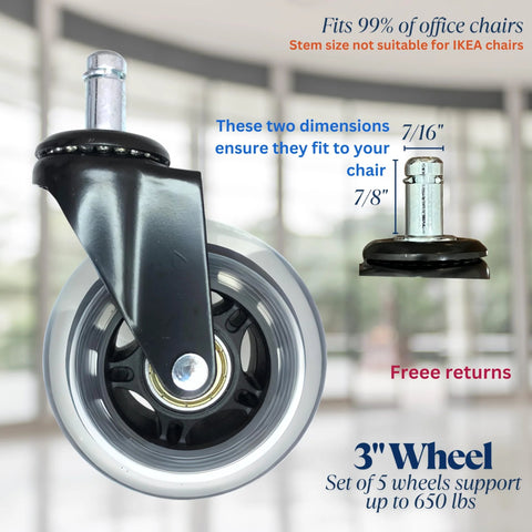 Office Chair Wheel Casters 3 Inch Roller Blade Type Set Of 5 Ultra Smooth Rolling Heavy Duty Non Marking Universal Fit office chair image