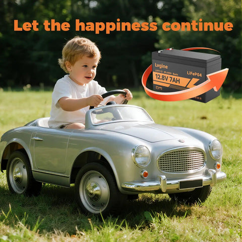 Child driving toy car outdoors with 12V 7Ah LiFePO4 Battery For Ride On Toys And Outdoor Power Deep Cycle Lithium Iron Phosphate Rechargeable Battery For Solar Power Wind Power Small UPS Lighting Power Wheels And Fish Finder in background