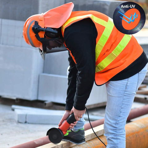 Worker using a grinder, wearing Chainsaw Helmet With Face Shield And Ear Muffs For Logging And Tree Cutting ANSI Certified Forestry Hard Hat