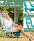 Woman relaxing in High Back Beach Chair For Camping And Tailgating, Ultra Lightweight with 108° angle, showing ground proximity and support