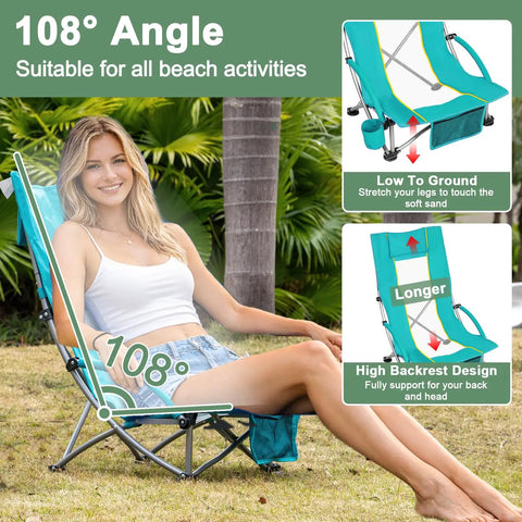 Woman relaxing in High Back Beach Chair For Camping And Tailgating, Ultra Lightweight with 108° angle, showing ground proximity and support