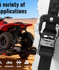 Beefy Heavy Duty Ratchet Straps 4 Pack 1.5 Inch By 8 Foot Tie Downs securing ATV on truck, S hooks visible