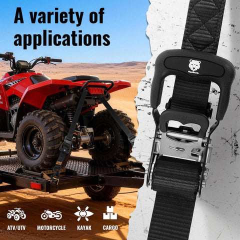 Beefy Heavy Duty Ratchet Straps 4 Pack 1.5 Inch By 8 Foot Tie Downs securing ATV on truck, S hooks visible