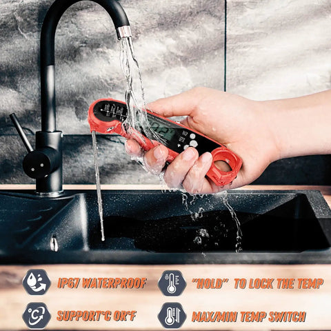 Hand washing Ultra Fast Instant Read Meat Thermometer For Grill And Cooking, highlighting waterproof feature.