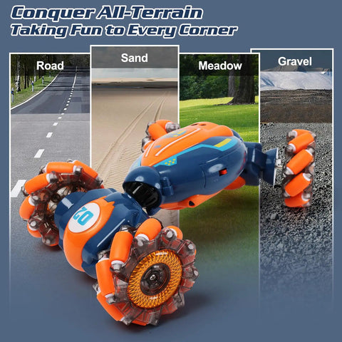 4WD Gesture Control RC Stunt Car for Kids on all terrains: road, sand, meadow, gravel with hand sensing remote, lights, music.